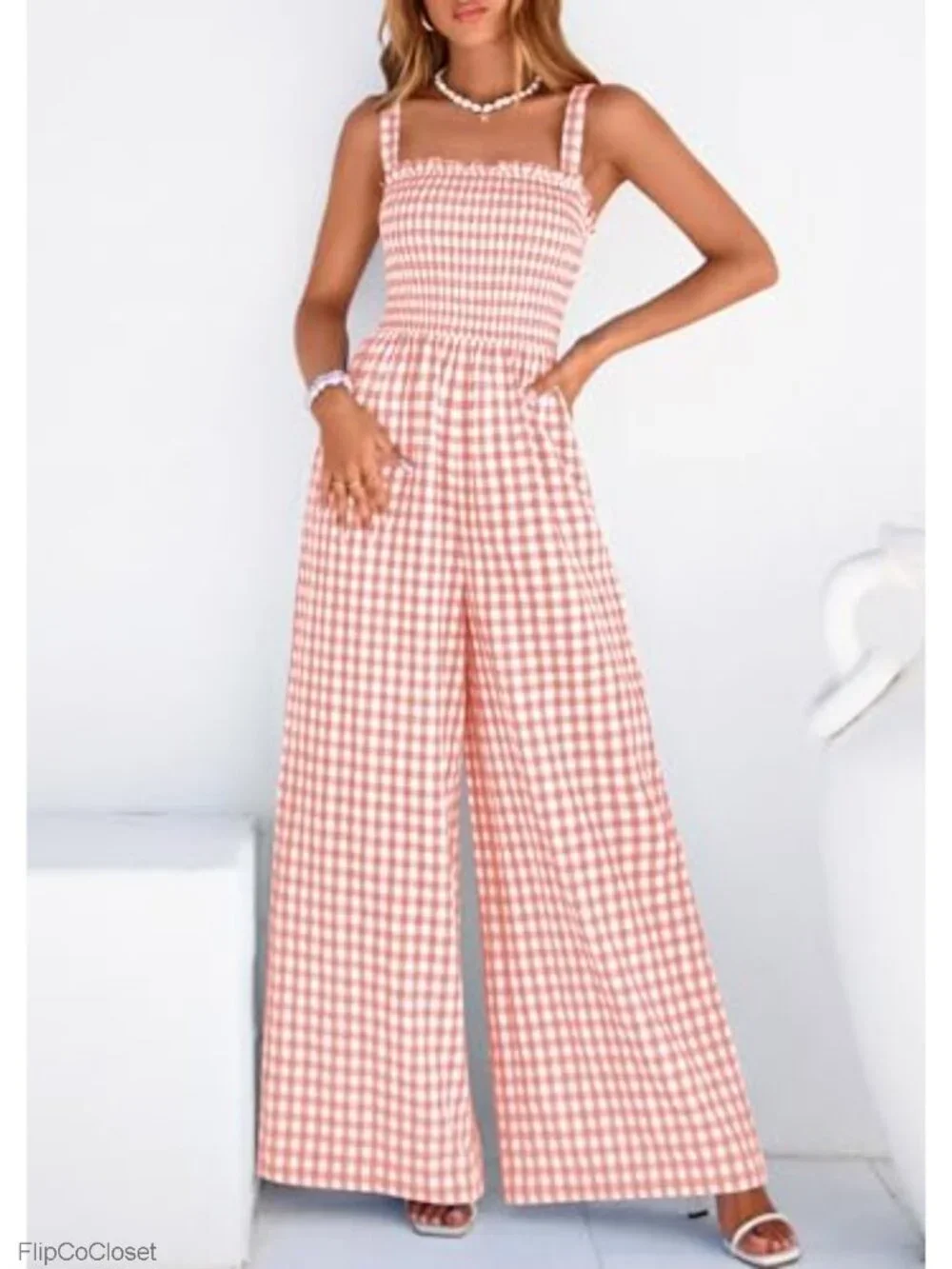 Womens Jumpsuit Summer Wide Leg Gingham Romper Square Neck Sleeveless Smocked
